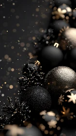 Black and gold Christmas ornaments glow on dark backdrop.