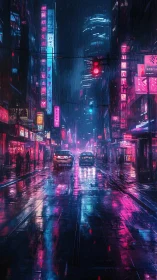 Neon rain on a quiet city street caught between futures.