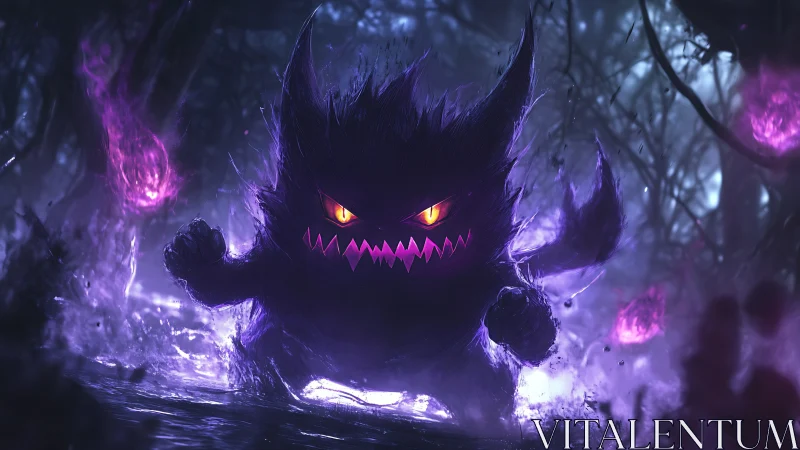 Spectral creature charges through neon-lit haunted forest.