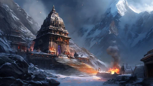 Ancient mountain temple glows against a stormy, snowbound sky
