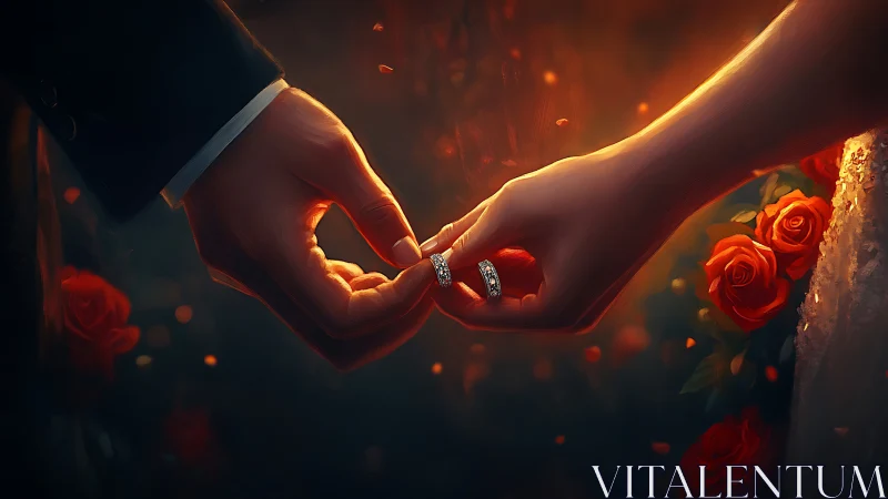 Cinematic exchange of diamond wedding bands in ember glow.