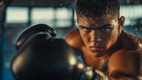 Intense boxer with determination. Sweat-covered athlete in dark gloves.