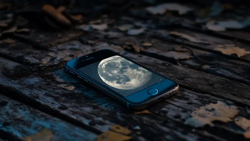 Smartphone with moon image on worn wooden surface at night.