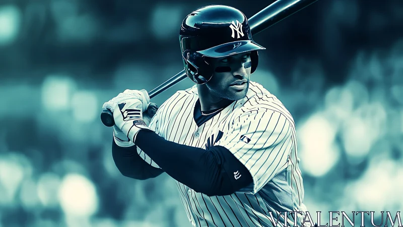 Icy stadium slugger poised in teal tinted twilight focus.