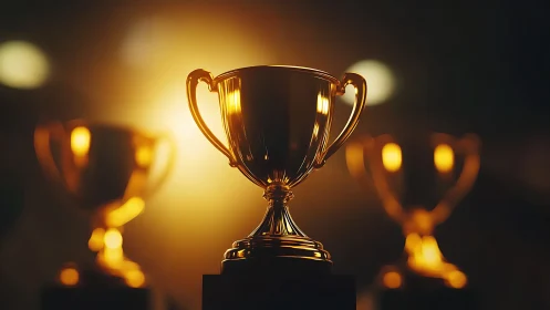 Golden trophy cups under warm spotlight on dark stage.