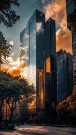 Sunlit glass tower reflects fiery sunset above calm city street