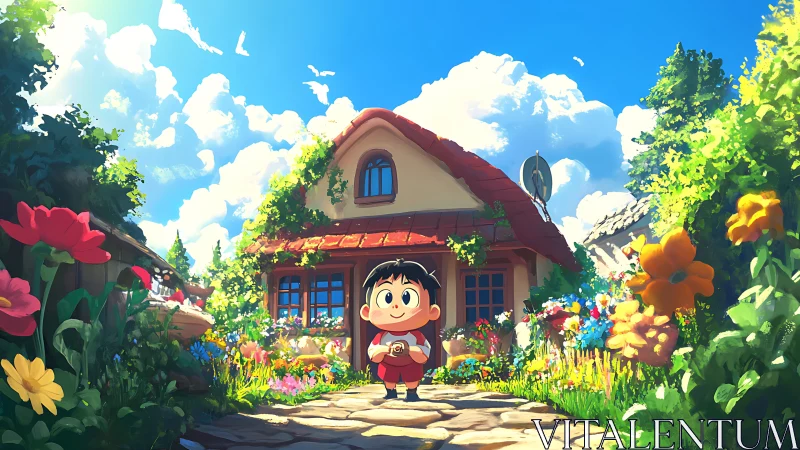 Sunlit cottage garden frames stylized child under volumetric clouds