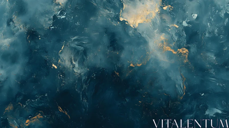 Abstract blue and gold fluid painting with ethereal, dreamy texture.