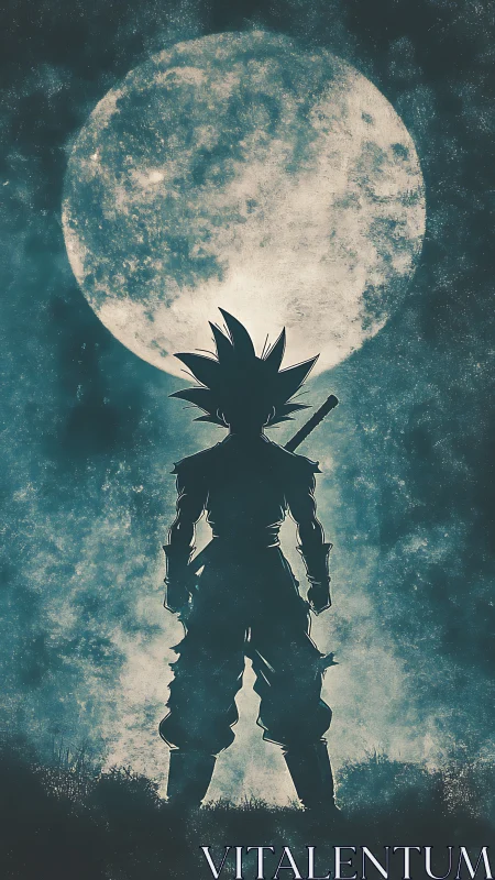 Spiky haired warrior silhouette beneath large full moon.