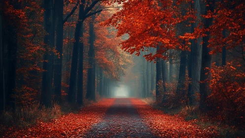A Misty Autumn Path Through Vibrant Red-Gold Trees.