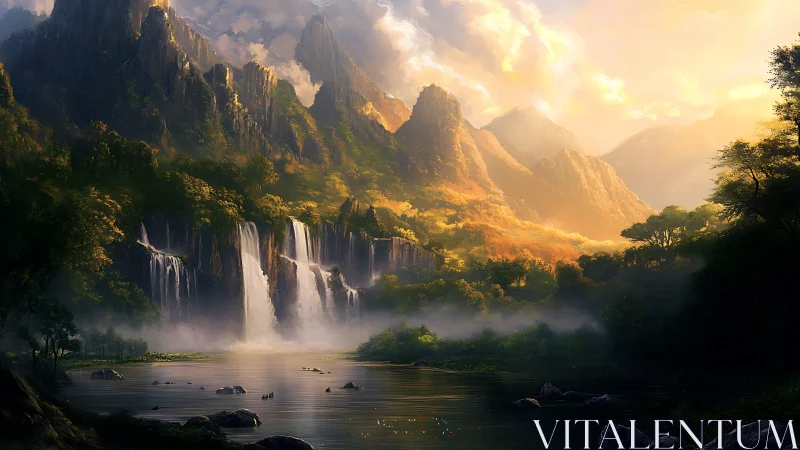 Sunlit mountain waterfalls in a tranquil hidden valley.