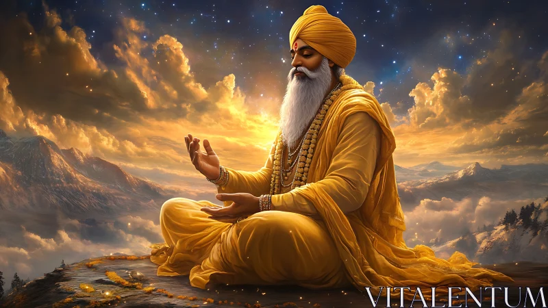 Mystic sage in golden meditation above glowing mountain sky.