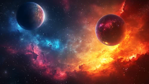 Twin planets drifting through a glowing cosmic sunrise.