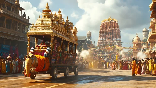 Golden temple chariot procession through vibrant Indian street.