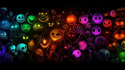 Multicolored jack-o-lantern skull collage on black background.