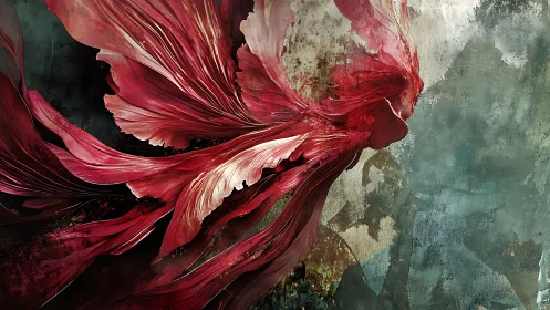 Crimson betta fish dissolves into abstract textured currents