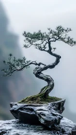 Twisted bonsai tree stands on wet rock above mist
