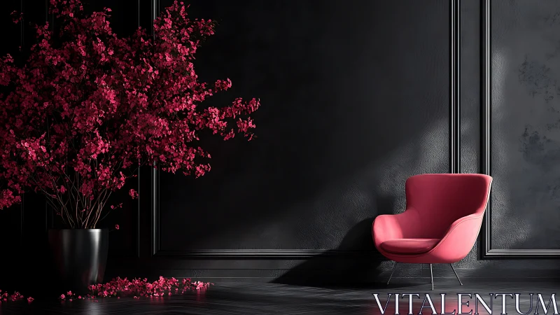 Pink lounge chair contrasts with black wall and blossoms