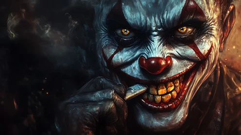Sinister clown grins with knife in fiery shadowed closeup
