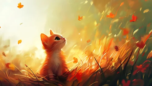 Red Cat in Autumn Field with Butterflies.