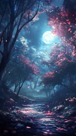 Moonlit Forest Path with Cherry Blossoms