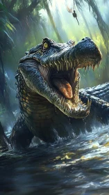 Predatory crocodile lunges from jungle river with jaws wide