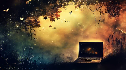 Laptop glows in twilight forest clearing beneath drifting butterflies