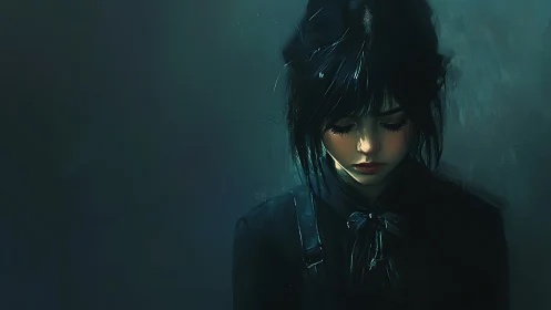 Melancholic girl in shadows contemplates in teal-tinted silence