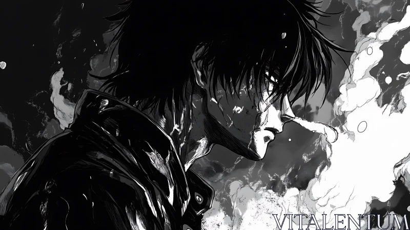 Stormlit manga warrior in stark monochrome profile portrait.