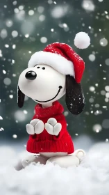 Festive cartoon beagle in snow wearing bright red sweater.