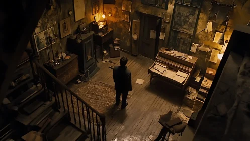 Man stands alone in dim, cluttered attic study room.