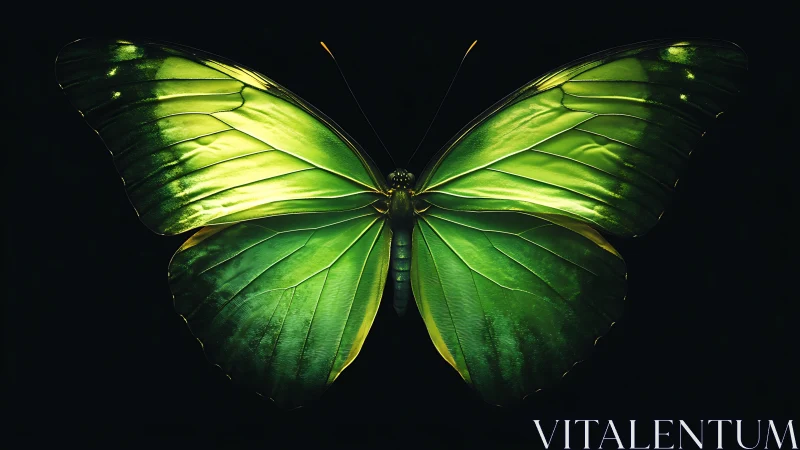 Luminous green butterfly wings glow against deep black.
