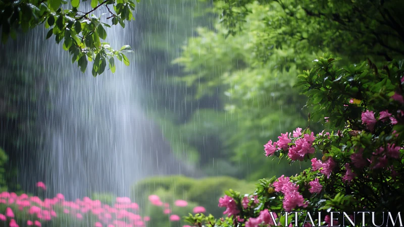 Rainlit azalea sanctuary where soft petals drink the storm.