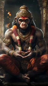 Regal monkey warrior sits in calm, temple-lit meditation
