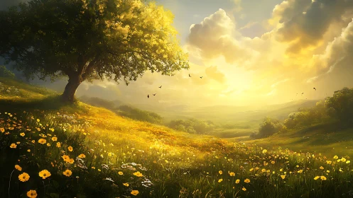 Golden meadow sunrise under solitary flowering oak tree.