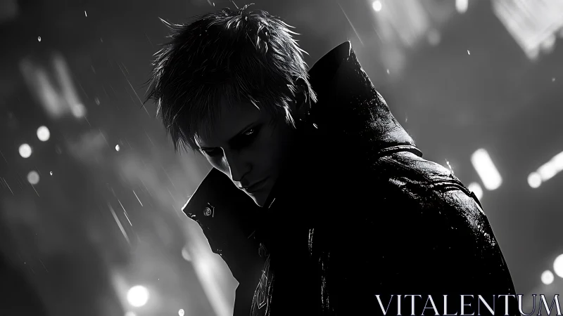 Noir-lit cyber antihero in rain-soaked volumetric chiaroscuro.