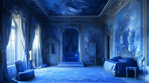 Monochrome blue rococo bedroom flooded with window light.