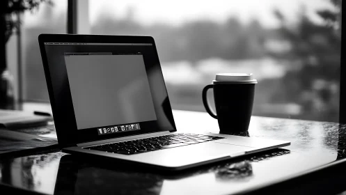 Monochrome laptop workstation with takeaway coffee by window