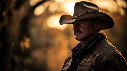 Middle‑aged man in cowboy hat against blurred sunset field.