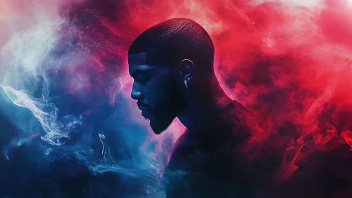Profile portrait of man surrounded by blue and red smoke