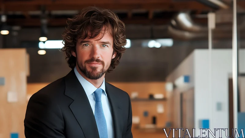 Confident young professional stands poised in modern office.