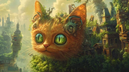 Colossal clockwork cat drifts gently above a mossy cityscape