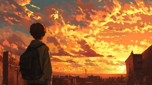 Solitary figure studies an incandescent urban sunset sky