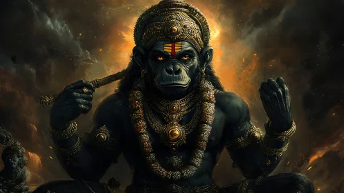 Mythic simian deity in ornate regalia, cinematic digital painting.