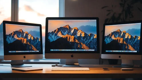 Triple iMac sunrise summit on a quietly focused desk.