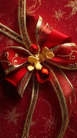 Crimson holiday bow dazzles with gold sparkle and cheer.