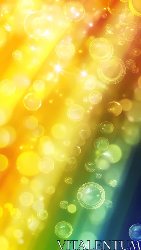 Glowing rainbow bubbles drifting through soft golden light.