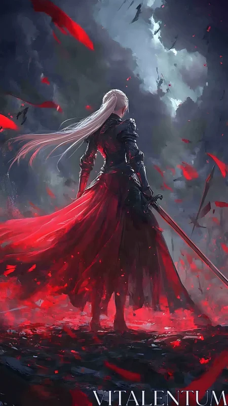 Scarlet-haired sword maiden confronts a storm of crimson embers