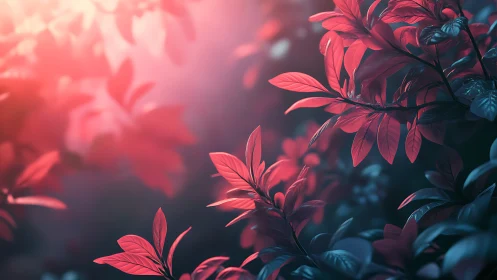 Soft crimson leaves drifting through dreamy twilight light.
