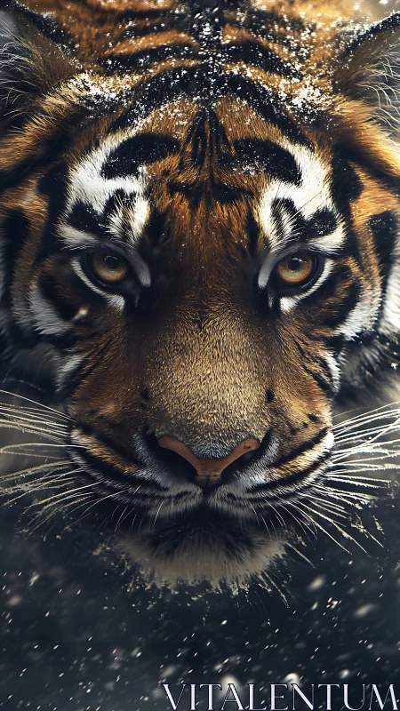Extreme close-up winter portrait of tiger face with snow